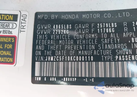 2019 Honda Clarity from USA, damaged, VIN JHMZC5F10KC000110